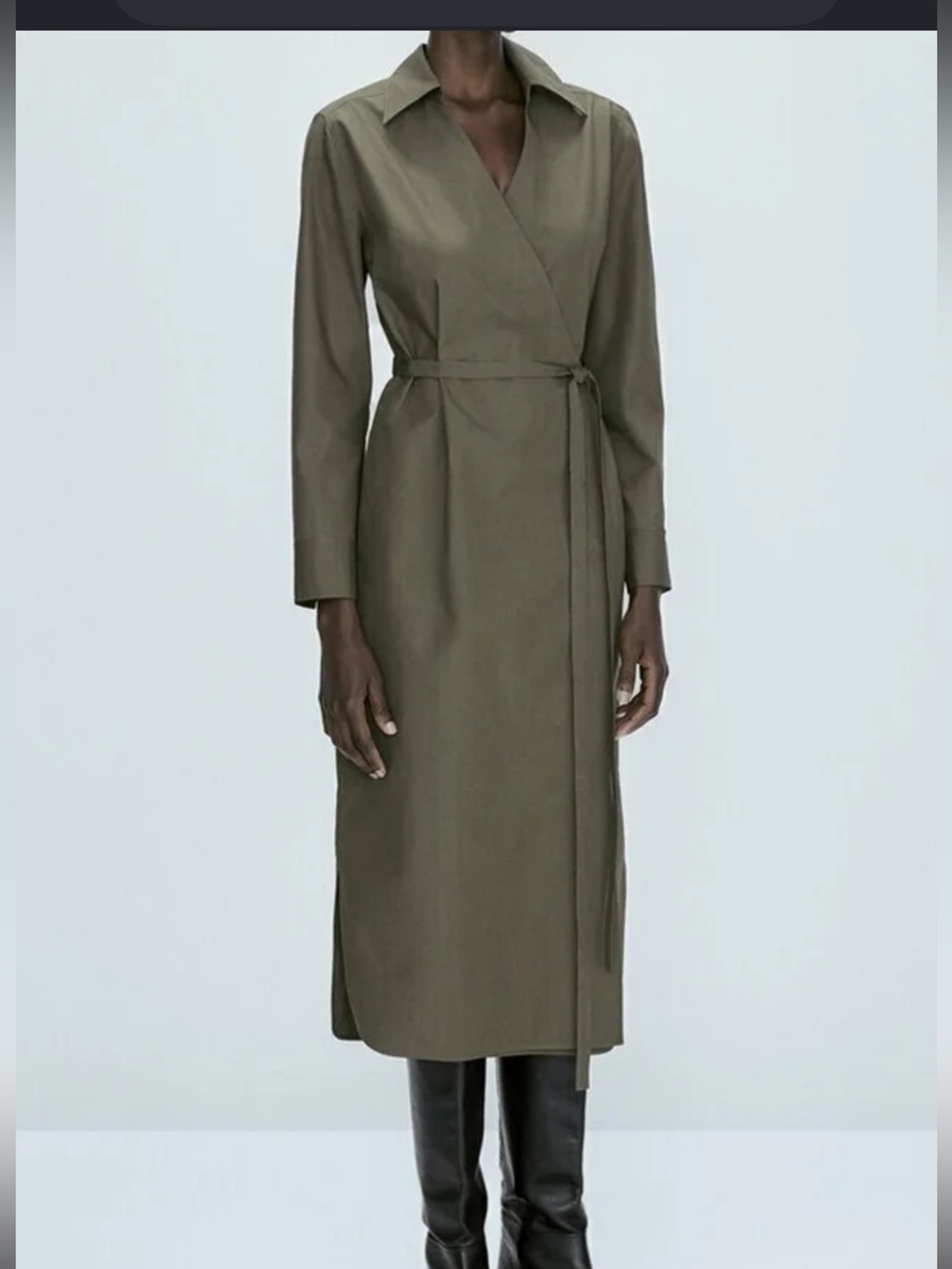 Massimo Dutti poplin Khaki Long-Sleeve Wrap Dress